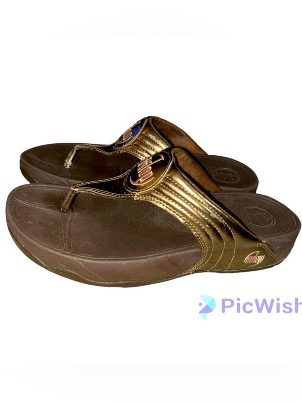 FitFlop Micro Wobbleboard Leather Metallic Gold Bronze Thong Sandal size…